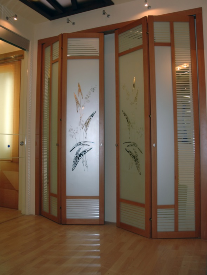 Широкие двери гармошка с матовым стеклом и рисунком Каменск-Шахтинский